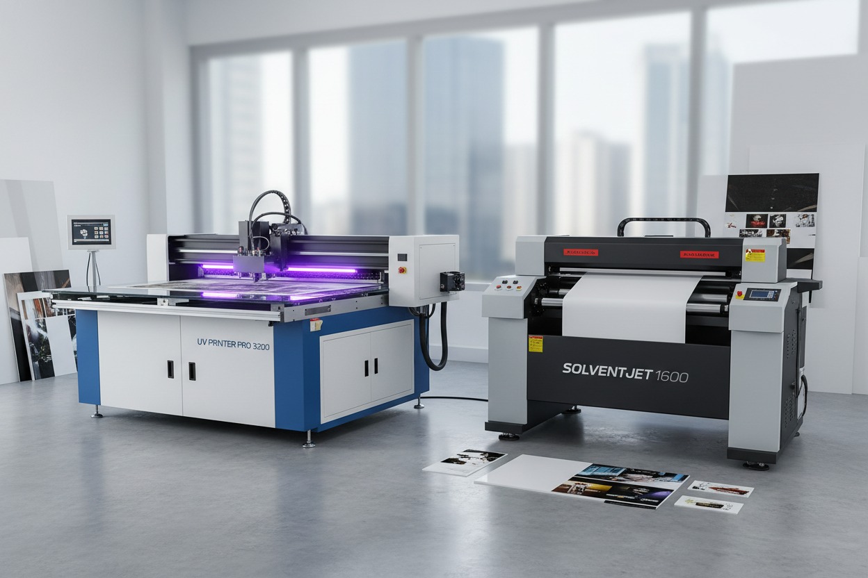 Aydınlık bir ofiste yan yana duran UV Printer Pro 3200 ve Solventjet 1600 model endüstriyel baskı makineleri.