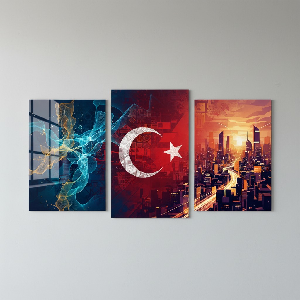 Gri bir duvarda asılı, sol panelinde mavi ve sarı soyut dalgalar, orta panelinde Türkiye bayrağı ve sağ panelinde gün batımında modern bir şehir manzarası bulunan üçlü cam tablo seti.